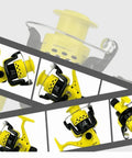 12 Ball Bearing Spinning Fishing Reel With Heavy Duty Metal Body Built For Saltwater And Freshwater, yellow and black close-up views