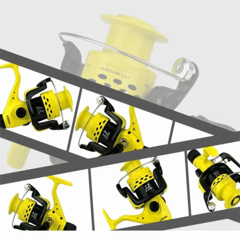 12 Ball Bearing Spinning Fishing Reel With Heavy Duty Metal Body Built For Saltwater And Freshwater, yellow and black close-up views