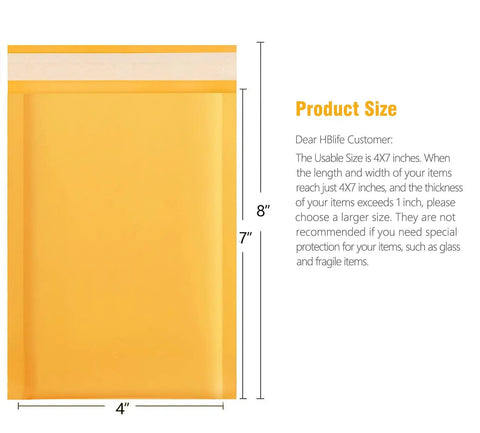 50 Pack Bubble Mailers 4x8 Inches Self Seal Kraft Poly Padded Envelopes With 80gsm Bubble Lining For Lightweight Shipping Bags Ideal For Small Biz For All Online Sellers. Image shows dimensions and yellow envelope.