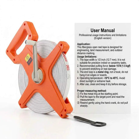 Pro Grade Fiberglass Tape Measure Half Inch By One Hundred Foot Open Reel Dual Sided For Inches And Feet With Ergonomic Grip Water Resistant Rugged Orange Tool For Builders And Pros next to user manual