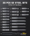 20 PCS S2 Steel Bits set with 60mm extension rod for 1/4" hex shank, ideal for Professional Cordless Electric Screwdriver Kit Packing Serious Torque Punch And Precision Controls To Easily Tackle Furniture Assembly Computer Builds And Appliance Fixes Without Breaking A Sweat.