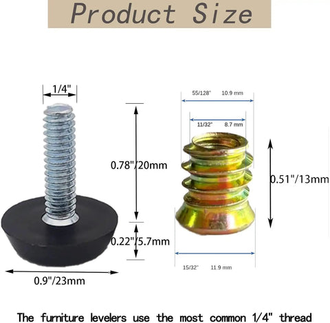 16 Pack Adjustable Wood Furniture Levelers With One Quarter Inch Twenty Thread Inserts, screw on feet, product size dimensions displayed