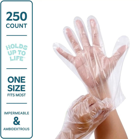 Disposable Poly Gloves For Food Prep And Service, Clear, Latex Free, Powder Free, One Size Fits Most, 500 Count shown on hands