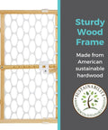 Wooden Baby Gate With Mesh For Doorways, showcasing sturdy wood frame and sustainability badge.