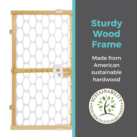 Wooden Baby Gate With Mesh For Doorways, showcasing sturdy wood frame and sustainability badge.
