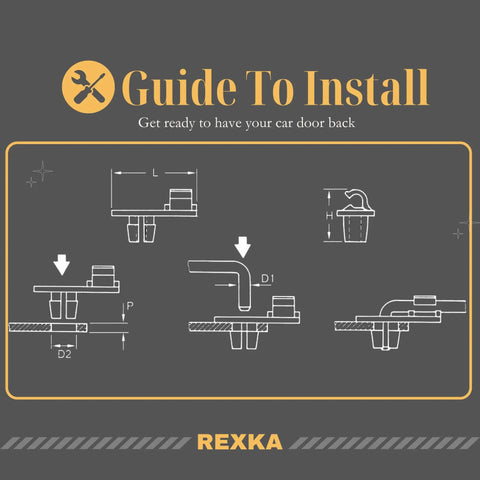 Installation guide for Must Have Ten Pack Door Handle Lock Rod And Hood Latch Clip Kit Five Thirty Two Inch Rods Left And Right Nylon Fits One Quarter Inch Holes For GM Ford Chrysler Dodge Jeep Buick Cadillac Chevrolet Oldsmobile Pontiac SUVs diagram on gray background.