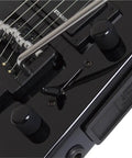 Spirit GT Pro Deluxe Black Electric Guitar With Gig Bag Maple Body Locking Tremolo R Trem System Humbucker Neck Pickup And Single Coil Middle Pickup Lightweight Built For Stage Ready Studio And Street Jams, close-up of black R-Trem bridge