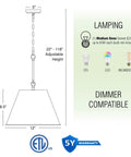 Diagram of 12 Inch Modern Gold Pendant Light with Tapered Metal Shade, adjustable height and dimmer compatible features shown.