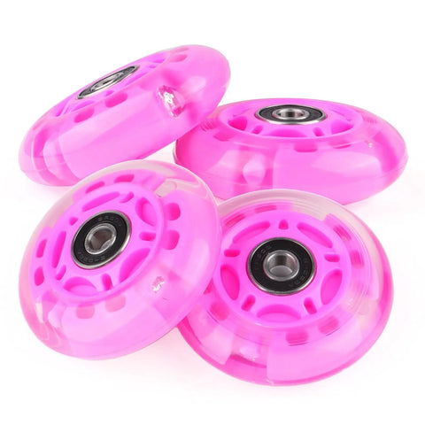 LED Light Up Inline Roller Skate Wheels Set For Indoor And Outdoor Cruising 8 Pack Pink 85A PU Hardness Close-Up View