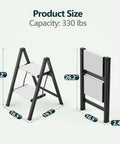 Foldable Two Step Ladder With 330 Pound Capacity Anti Slip Feet Sturdy Alloy Construction Compact Step Stool For Home Kitchen Closet Use Black And White, 24.2" open, 26.2" folded