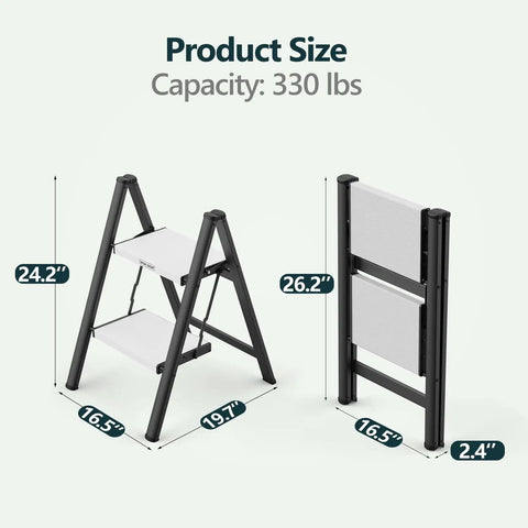Foldable Two Step Ladder With 330 Pound Capacity Anti Slip Feet Sturdy Alloy Construction Compact Step Stool For Home Kitchen Closet Use Black And White, 24.2" open, 26.2" folded