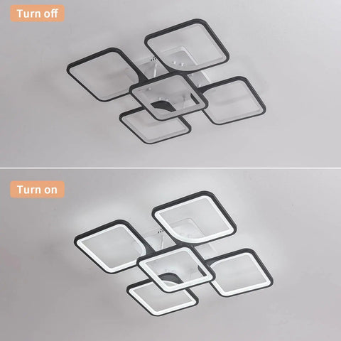 Turned on and off views of Five Heads Square LED Ceiling Light With Remote Dimmer And Memory Function 3000K To 6000K Dimmable