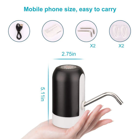 5 Gallon Rechargeable Water Dispenser with One Button Pump on a hand, showing USB cable, hoses, suction pipes included