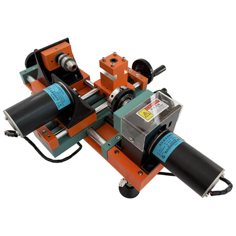 Techtongda Mini Wood Lathe With Dual Motors For Turning And Drilling Soft Metals Plastic Plexiglass Compact Buddha Bead Machine For Crafters Teaching Tool High Torque 220V, overhead view showing dual motors and chuck.