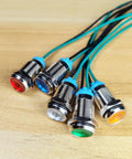 Five Pack 10mm Waterproof LED Indicator Lights Set For 3V To 9V DC With Wires 20mA 0.5W Metal Indicator Lamps In Red Orange Blue Green White For DIY Projects And Gearhead Automotive Electronics, five wired lights on wood