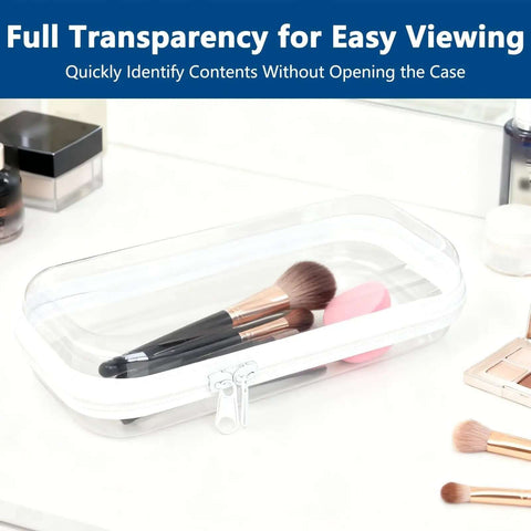 Clear Hard Shell Zipper Case For Everyday Carry And Travel Ready Getaways Solid Plastic Storage Bag For Makeup Toiletries Electronics And Accessories Organizer That Is Simply Squad Approved with makeup brushes inside.
