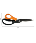 All In One Garden Tool 7-In-1 Pruning Shears For Plant Care with Titanium Knife and ergonomic orange handle, showcased with dimensions.