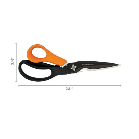 All In One Garden Tool 7-In-1 Pruning Shears For Plant Care with Titanium Knife and ergonomic orange handle, showcased with dimensions.