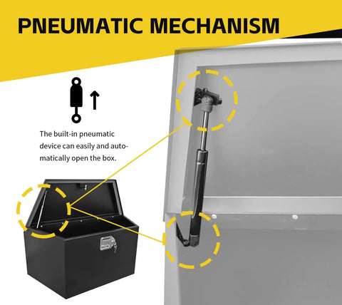 Pneumatic mechanism of 34 Inch Steel Trailer Tongue Box A Frame Storage Chest With Lockable Latch Weather Resistant Tool Box