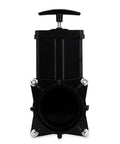 Must-Have RV Gate Valve With Built-In Clear Adapter And Four Bayonet Prongs, black valve front view, fits 3 inch sewer fittings