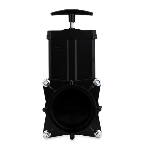 Must-Have RV Gate Valve With Built-In Clear Adapter And Four Bayonet Prongs, black valve front view, fits 3 inch sewer fittings
