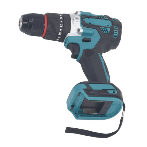 No Fuss 18V Cordless Impact Drill With A Grippy All Metal Keyless Chuck And Hammer Driver Mode Built For Beat Down Construction Sites And Relentless DIY Projects Powers Through Anything, side view showing keyless chuck and handle.