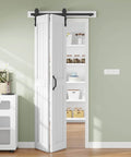 Front view of Double Bi Fold Barn Doors 42 By 84 Inches White With Hardware Track Kit Included, installed in a modern farmhouse room.