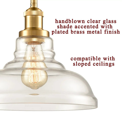 Close-up of Brass Gold Glass Dome Pendant Lights Set Of 3 For Kitchen Island with handblown clear glass and brass finish