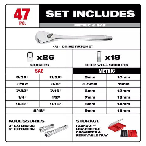 47 Piece Ratchet And Socket Set With Low Profile Organizer Half Inch Drive, socket sizes and components chart