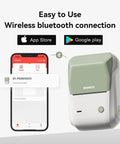 Slick Durable Portable Label Maker Machine With Wireless Bluetooth Pc App For No Sweat Home Organization And School Storage Includes Self Adhesive Tape Rolls In Green White, shown with smartphone app.