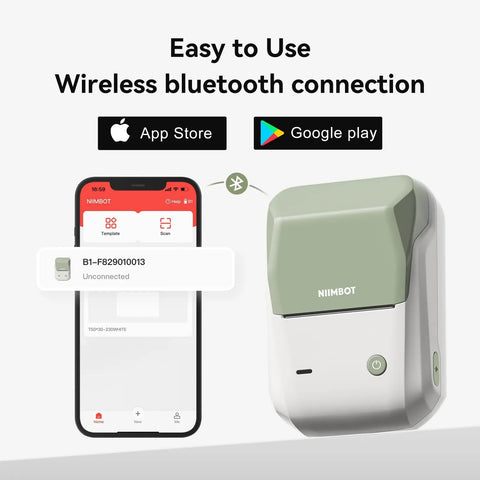 Slick Durable Portable Label Maker Machine With Wireless Bluetooth Pc App For No Sweat Home Organization And School Storage Includes Self Adhesive Tape Rolls In Green White, shown with smartphone app.