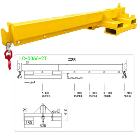 Heavy Duty Dual Direction Forklift Jib Crane, 6600 Lbs Telescoping Boom with dual hooks and dimensions for industrial use.