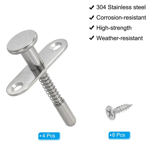 Professional Grade Rock Solid Spring Loaded Plunger Latches 8 Pack Stainless Steel quick release cabinet door locks with M4 mounting screws silver.