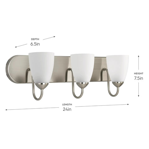 Gather Collection Three Light Bath Vanity Light With Etched Glass Shades In Brushed Nickel Finish For A Spa Vibe Coastal Modern And Transitional Bathrooms With Easy Install, 24-inch width, 7.5-inch height, diagram showing dimensions