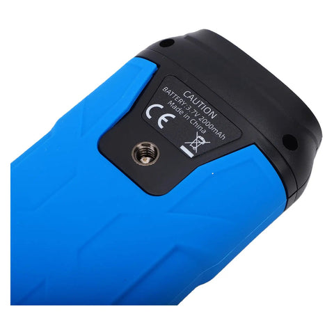 Heavy Duty Digital Thermocouple Thermometer Type K J Probe bottom view showing blue rubber grip and battery compartment.