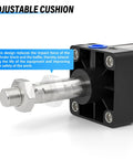 Pneumatic Air Cylinder 63mm Bore and 200mm Stroke, Aluminum Body Built Tough With PT3/8 Port, detail of adjustable cushion.