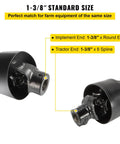 Heavy Duty PTO Shaft For Tractors Featuring 1-3/8 Inch 6 Spline Round Implement End and Rock Solid Carburized Steel Universal Joint close-up view.