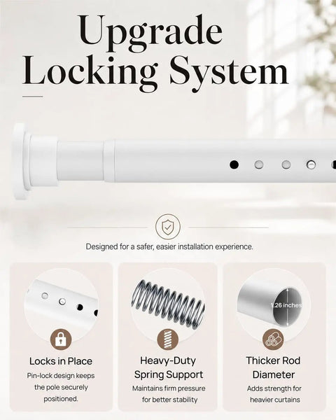 Heavy Duty No Drill Curtain Rod Tension Rod For Windows 66 To 120 Inches White, showing lock system, spring support, and diameter details