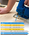 Top Shelf 24 Piece High Carbon Steel Jigsaw Blade Set Packing Killer U Shank Design displayed with various blade types for cutting wood and metal.
