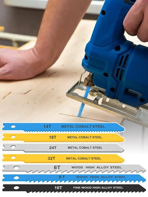 Top Shelf 24 Piece High Carbon Steel Jigsaw Blade Set Packing Killer U Shank Design displayed with various blade types for cutting wood and metal.