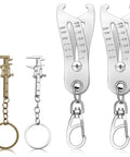 Front view of two vernier caliper thread-checker keychains with brass and silver finishes, rings and clips