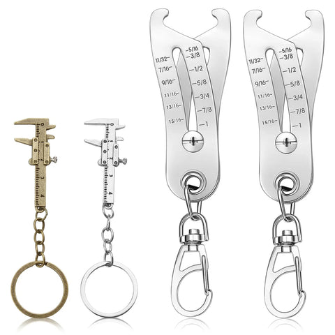 Front view of two vernier caliper thread-checker keychains with brass and silver finishes, rings and clips