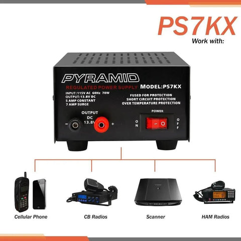 Beefy Benchtop 5 Amp Linear Regulated Power Supply For Home Lab Or Workshop AC To DC Converter Delivers Clean 12V DC Output With Optional 13.8V Rail 115V AC 70W Input Screw Type Terminals Built In Cooling Fan shown with compatible devices