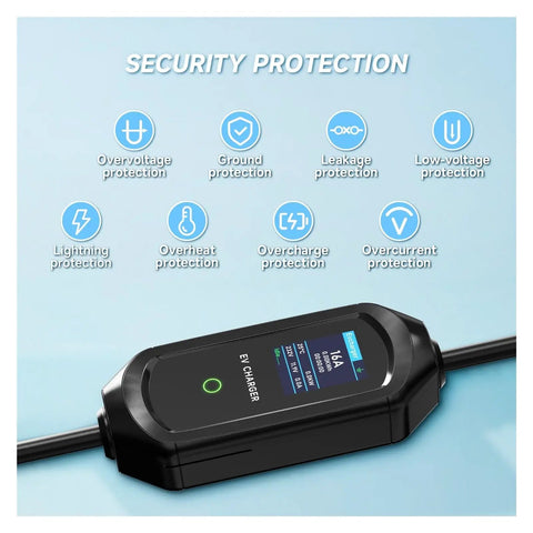 Portable Level 2 Ev Charger With Flexible 16A To 32A Amp Ratings displays security protection features on a sleek design.