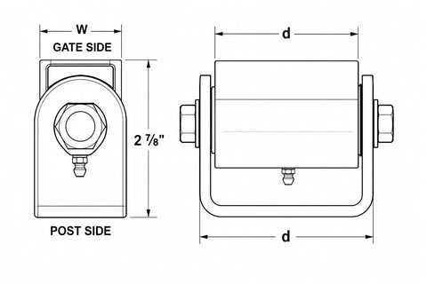 3.5-Inch Adjustable Roller Cage Hinges Heavy Duty Built Like a Tank with Grease Fitting for Easy Maintenance and Smooth Action Rated to Handle a Hefty 1000 Lbs per Pair Industrial Toughness 2 Unit Pack diagram showing dimensions and sides