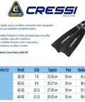 Cressi Gara 2000 HF Dive Fins Size Chart in Portuguese with image of black fins focused on size and fit details.