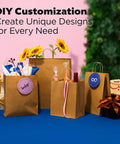 Heavy Duty Kraft Paper Bags With Handles 10 x 7 x 12 Inches, 250 Pack displayed with gift designs and decorations.