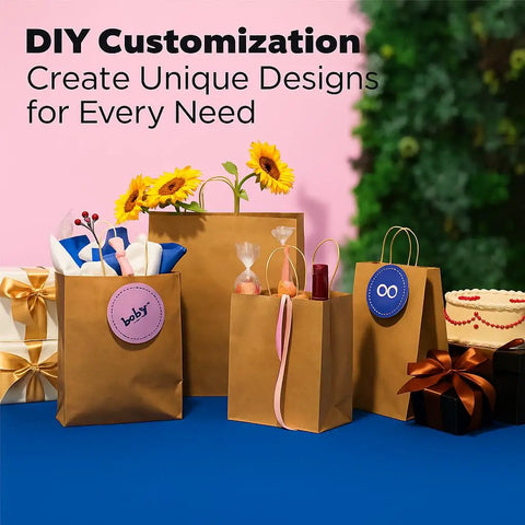 Heavy Duty Kraft Paper Bags With Handles 10 x 7 x 12 Inches, 250 Pack displayed with gift designs and decorations.