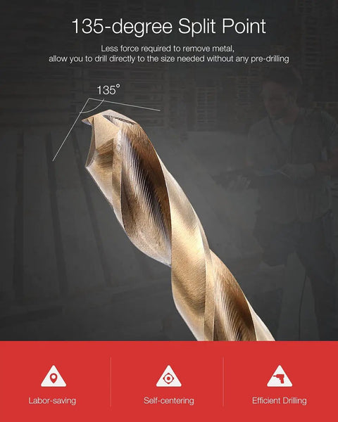 135-degree split point drill bit for the Premium 99 Piece Cobalt Drill Bit Set 1.5 To 10Mm Range, ideal for efficient drilling.