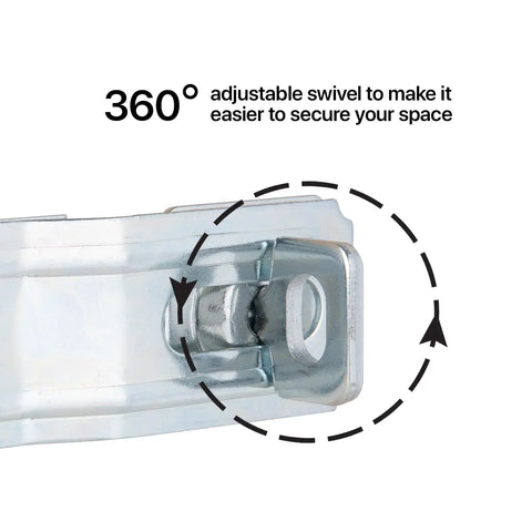 Close-up of Heavy Duty Swivel Hasp With Turning Padlock Mount Hidden Mounting Screws Weather Resistant showing 360-degree swivel.